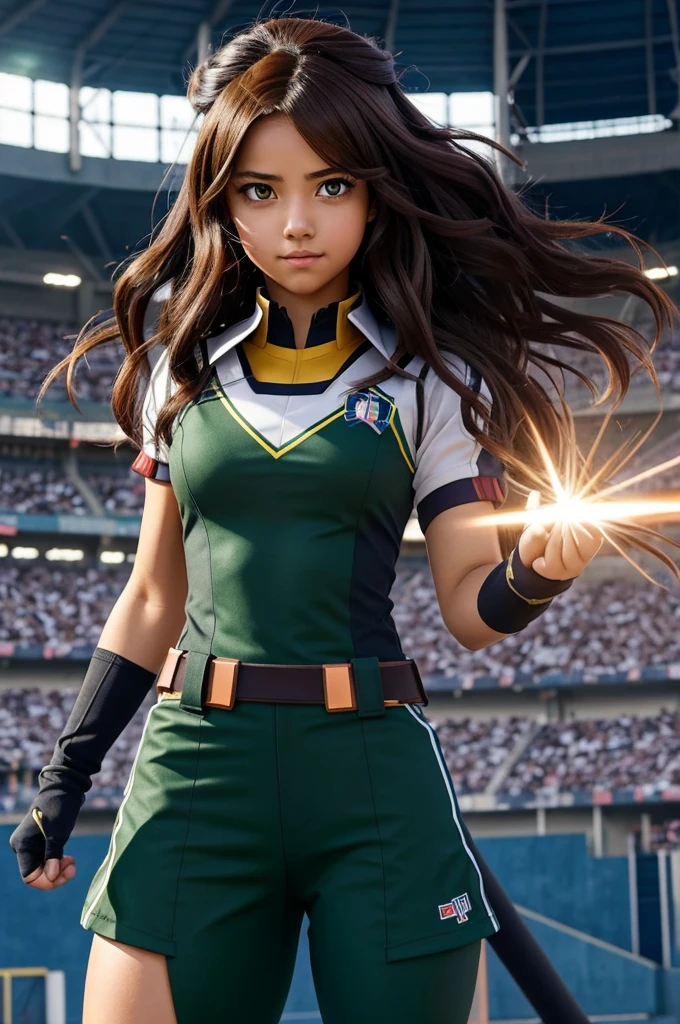 A female anime character My Hero Academia with a uniform is training in a stadium of people cheering her for winning. The girl has dark brown eyes, green on the corner of her eyes, long wavy hair, dark copper color, dark skin, has powers of the 4 elements and power. of the greek gods 