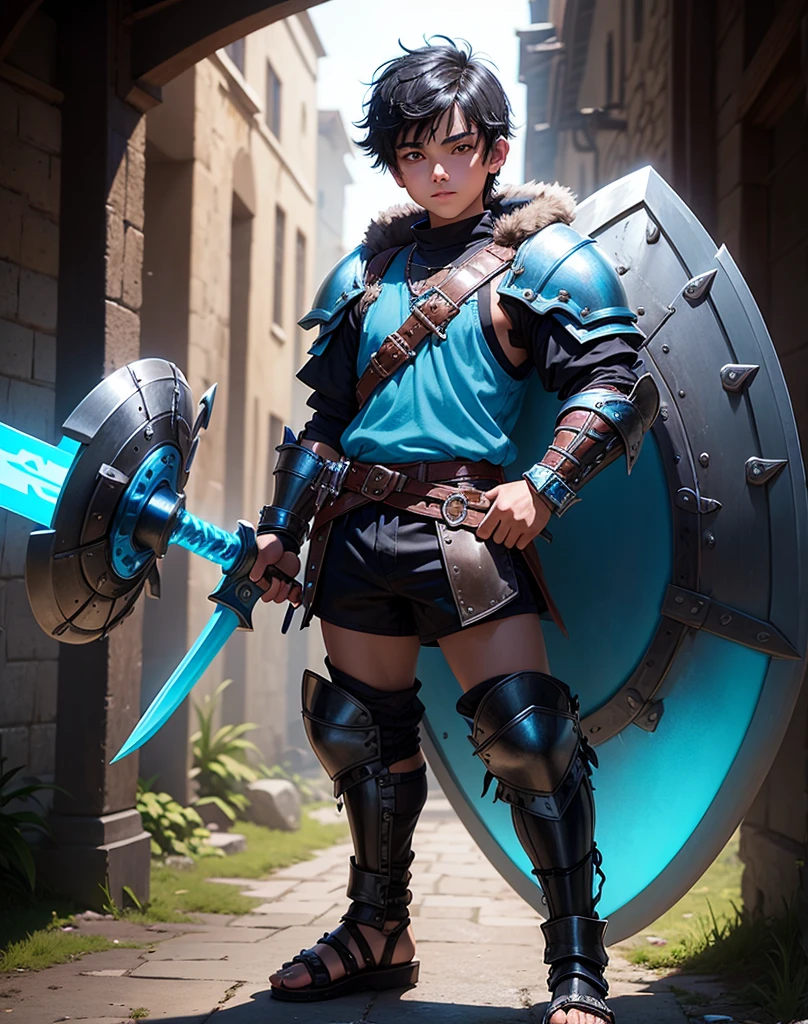Young 13-year-old boy with black hair and brown eyes, innocent and happy, dressed in short neon-blue medieval barbarian clothes, fur shorts, light-blue battle armor, weilding silver sword and shield, sandals; fullbody; short hair, boyish athletic, sexy,