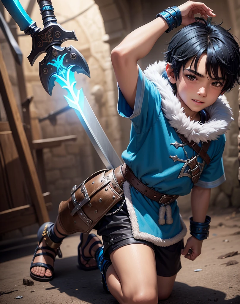 Young -yeld boith black hair and brown eyes, innocent and happy, dressed in short neon-blue medieval barbarian clothes, fur shorts, light-blue battle armor, weilding silver sword and shield, sandals; fullbody; short hair, boyish athletic, sexy,