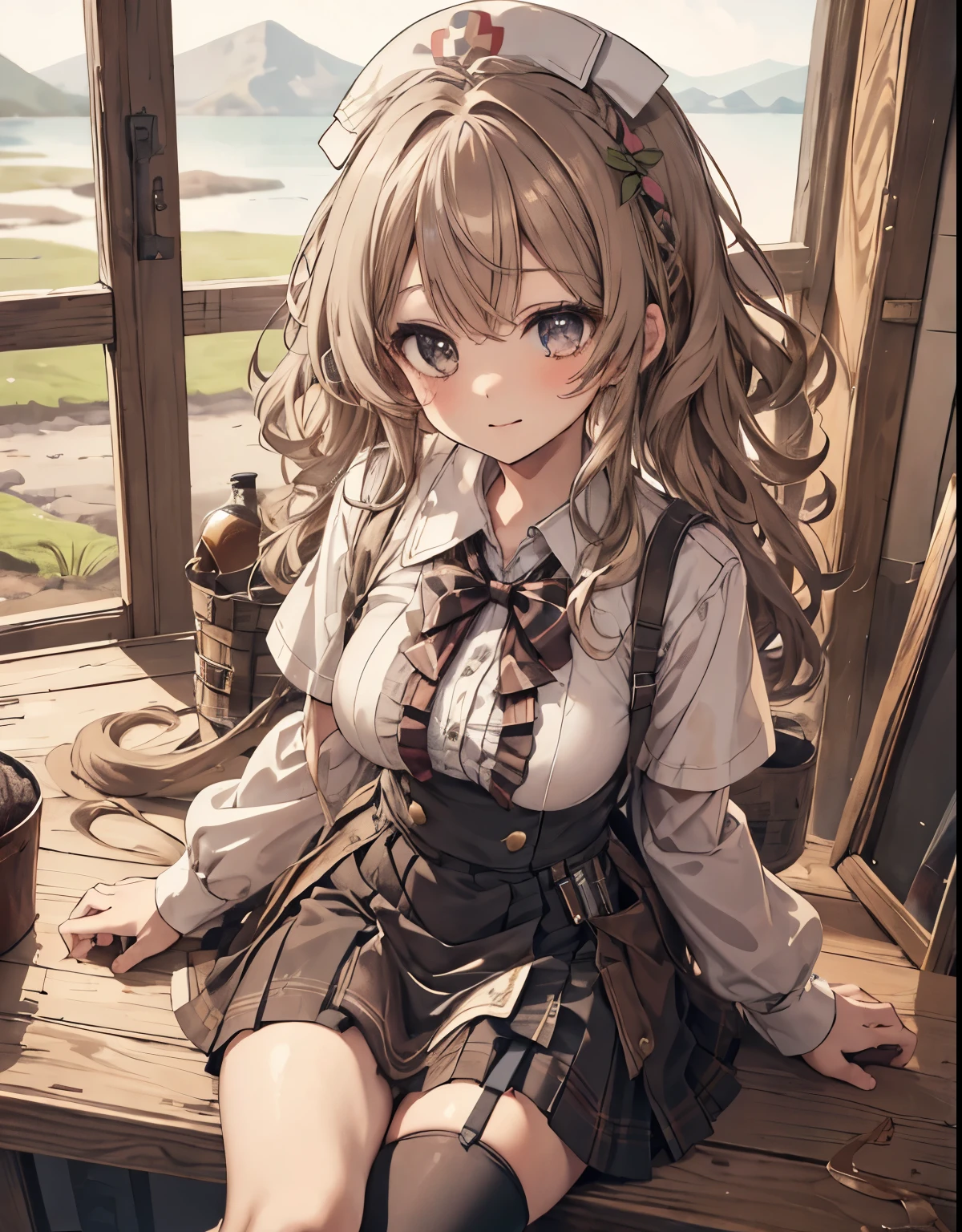 masterpiece, 1girl, sparrow, a light brown haired girl, wearing a sailor clothes, curly medium hair, messy hair, slim body, he close her left eye, shirt ornament, ruby eyes, ahoge, , bige breast, beautiful breasts, rounded breasts, long sleeves, beautiful eyes, white stocking, droopy eyes, skirt, black skirt, plaid skirt, her age is 19 years old, ricefield, bowtie, sailor collar, flared skirt, tight shirt, skirt, nagisa_bluearchive, lovely face, medium hair, lovely smile, curly hair, nurse cap, sit, innocent face, view from above