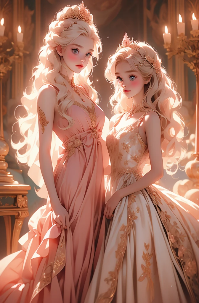 White Blonde hair, fluffy hair, stylish hair, long hair, lilac eyes, perfect eyes, beautiful, perfect face, tween, dainty , short, kind, curvy, a flowing pale airy gown with ruffles along the bottom with tiny pink flowers and gold dragon embroideries with flowers, Her tiara had a pretty teal gemstones, silver necklace, noble class, royal, royalty, red castle, feasting hall, medieval, elegant surroundings, soft dewy makeup look, light peach blush, soft tan eyeshadow, light coral lipstick, cutesy, girlish, girly, guileless, ingénue, princess , whimsical lighting, Targaryen, dragons in the sky, photorealistic