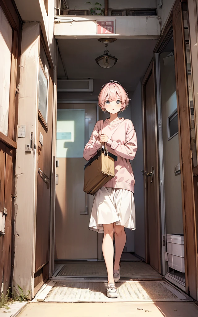 springtime、She has a short cut、Light pink color、Wearing a light sweater、In front of the entrance of an old apartment room、carrying cardboard luggage、