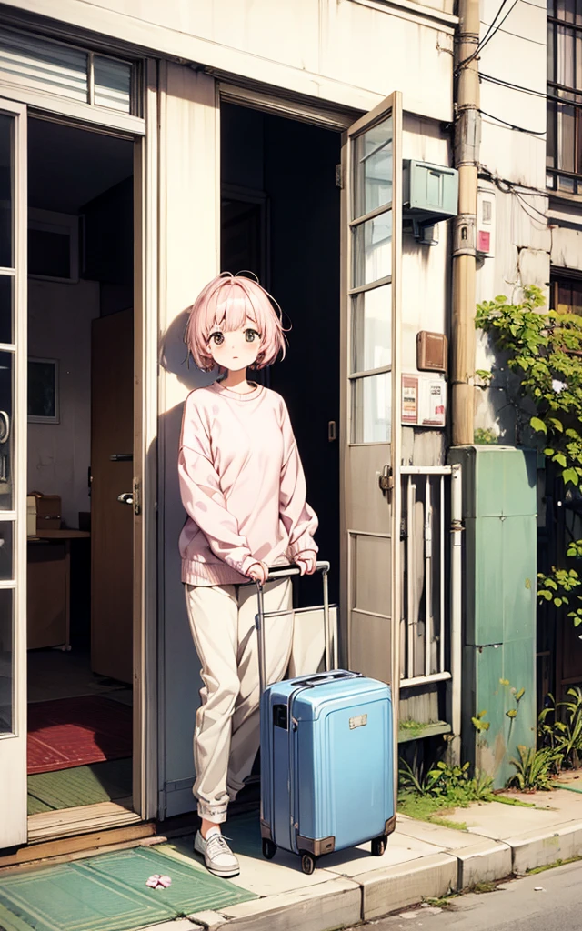 springtime、She has a short cut、Light pink color、Wearing a light sweater、In front of the entrance of an old apartment room、carrying cardboard luggage、