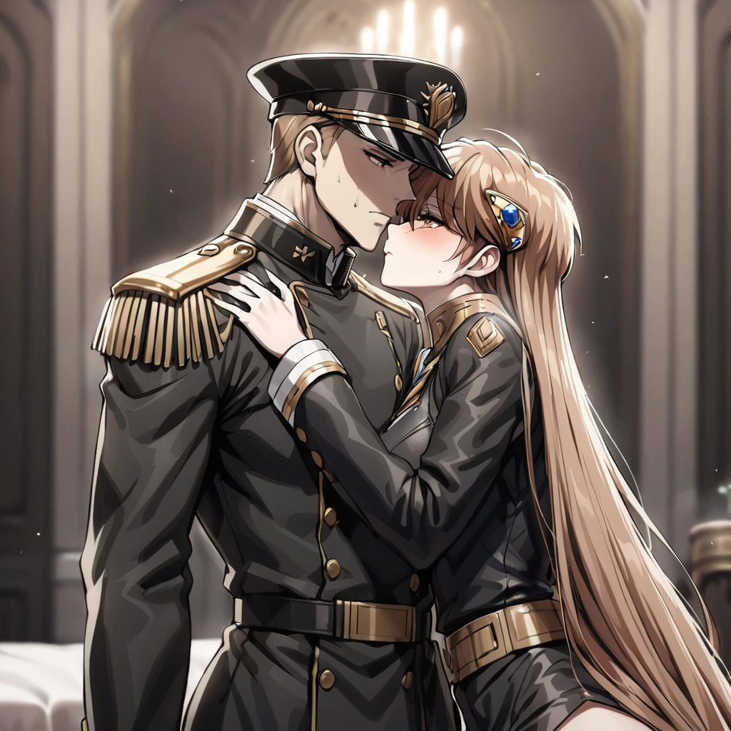 ((Highest quality)), ((masterpiece)), (detailed), (Perfect Face)、The woman is Princess Leona, with medium-long light brown hair, and is wearing a sexy black military uniform and cap for women. In a luxurious room, she is embraced by a strong, dignified, old, male general, who is a villain, and is kissed and loved by him as his mistress.、Women are brainwashed, expressionless, and have no highlights in their eyes.