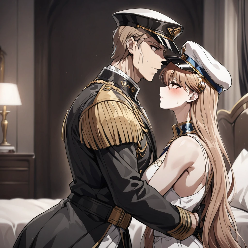 ((Highest quality)), ((masterpiece)), (detailed), （Perfect Face）、The woman is Princess Leona, with medium-long light brown hair, and is wearing a sexy black military uniform and cap for women. In a luxurious room, she is embraced by a strong, dignified, old, male general, who is a villain, and is kissed and loved by him as his mistress.、Women are brainwashed, expressionless, and have no highlights in their eyes.