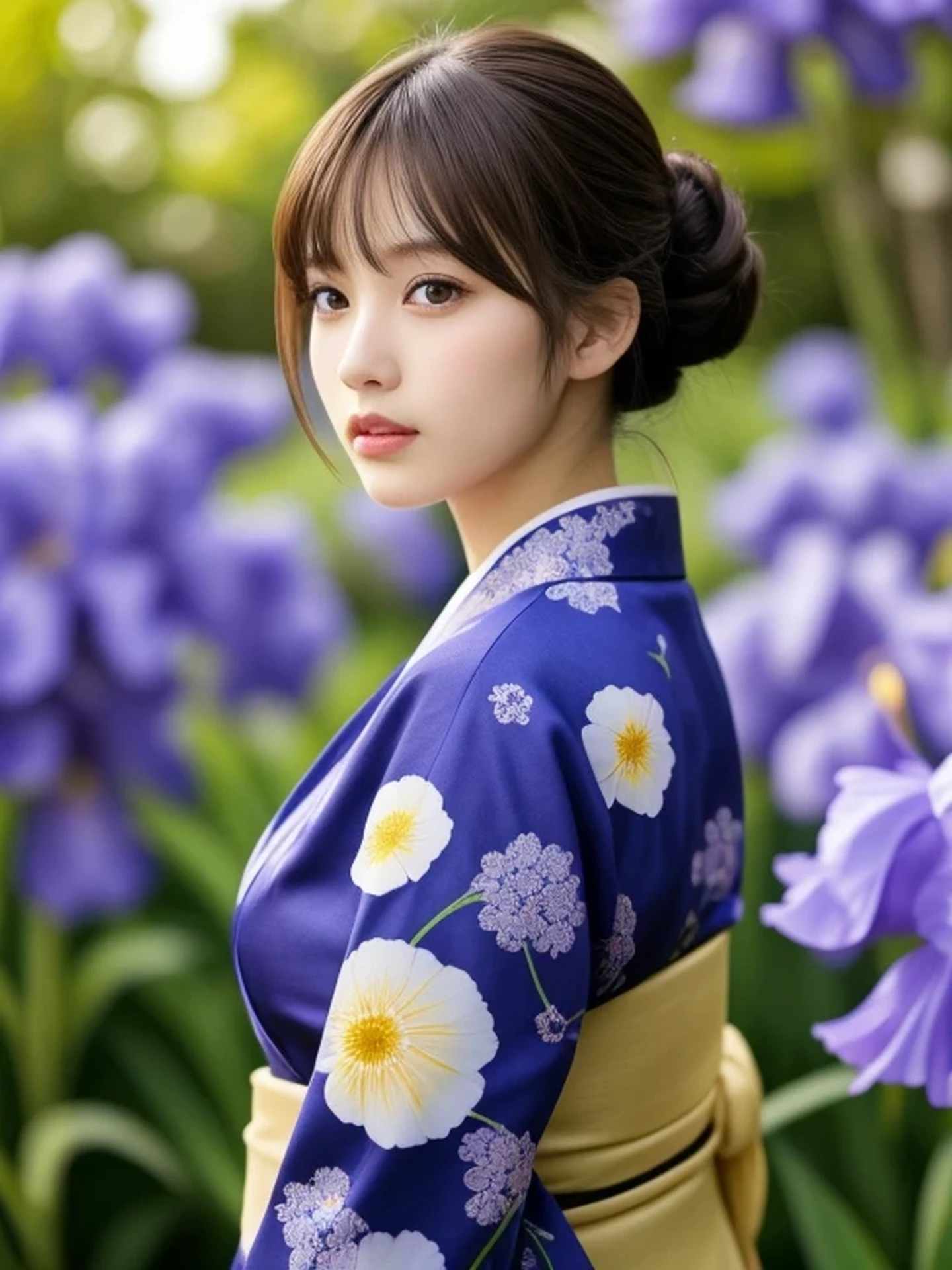 1 Japanese girl, (looking away:1.4), (upper body shot:1.2), Beautifully detailed eyeballs, catchlight in the eyes, Realistic digital painting of a woman portrait, Shy, Cute, open mouth to say something, happy, brown eyes, (half updo,:1.1), (light brown brunette hair:1.3), (Highly detailed skin:1.2), Mystical style, Global Illumination, Traditional Japanese　floral printed Kimono, A silk kimono with a deep indigo base. A garden with many blooming Iris