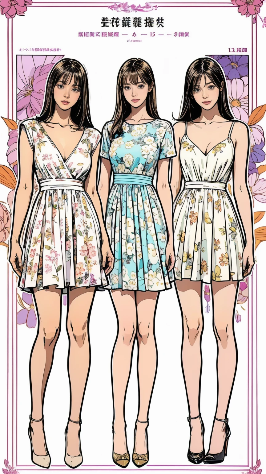 ((masterpiece)),(((Highest quality))),((Character design sheet)),Thin thighs,Long legs,whole body:1.5,(One Girl:1.3),(Thick pointy high heels:1.3),(Wearing a floral dress:1.2),Short blonde:1.2、Model pose,