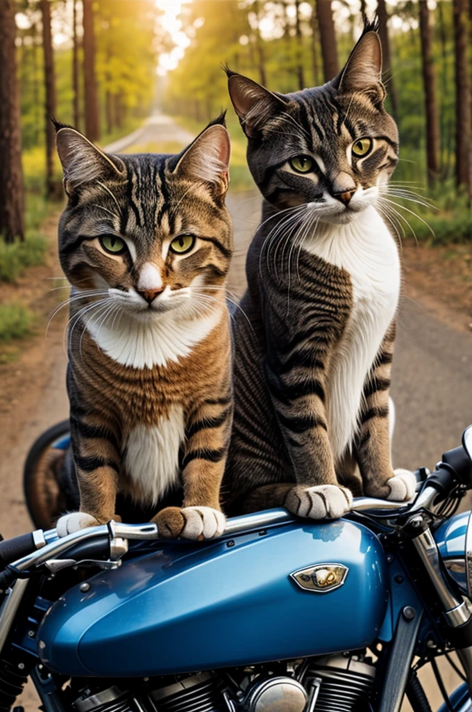 Two cats in love on a motorcycle