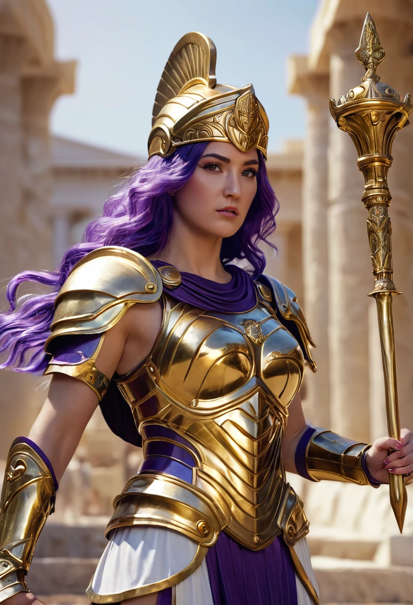 Athena, greek goddes, powerfull, purple hair, Golden armour, holding a scepter, realistic, very detailed, 4K
