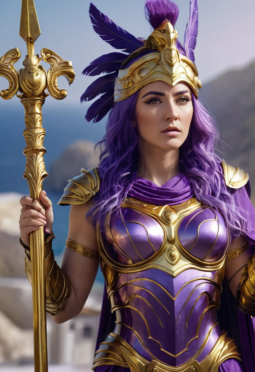Athena, greek goddes, powerfull, purple hair, Golden armour, holding a scepter, realistic, very detailed, 4K