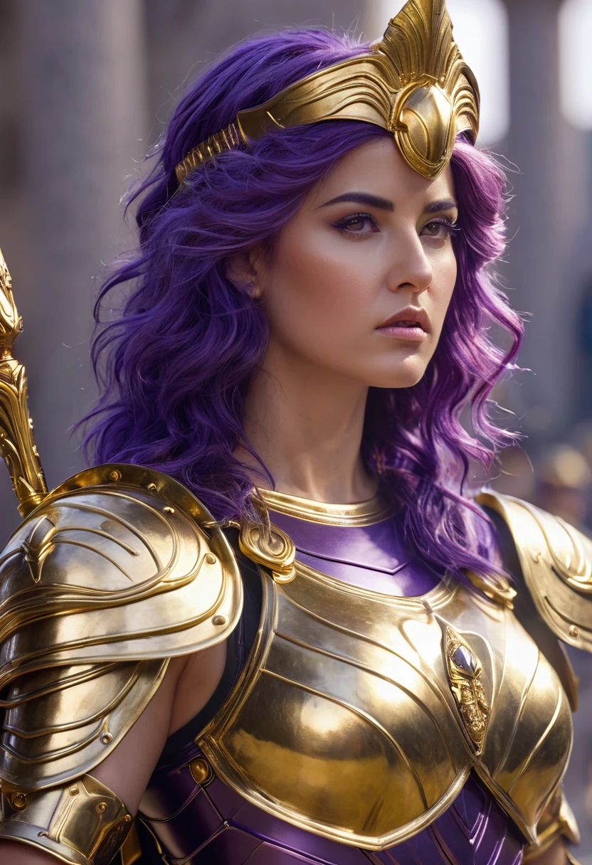 Athena, greek goddes, powerfull, purple hair, Golden armour, holding a scepter, realistic, very detailed, 4K