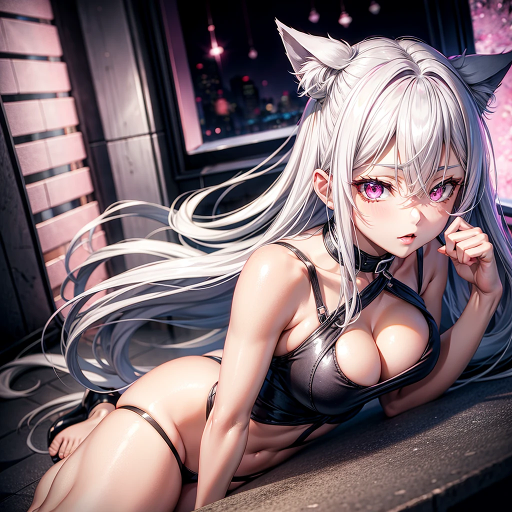 pink eyes, silver hair, neko, sexy pose