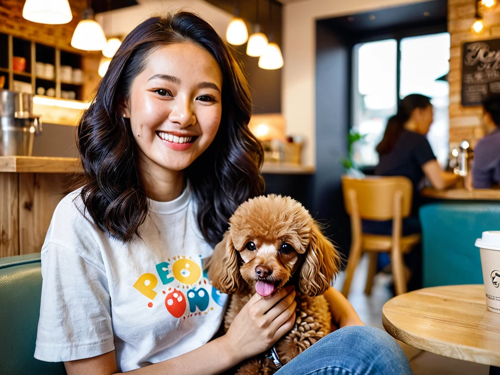 Interior of a cozy dog cafe. A young Asian woman in her 20s sitting with a toy poodle on her lap. The woman has long dark hair and wears casual clothing (e.g., a simple t-shirt and jeans). She is gently petting the poodle and smiling warmly. Soft natural lighting emphasizes the warm atmosphere. Close-up shot focusing on the woman and dog interaction, showing their bond.