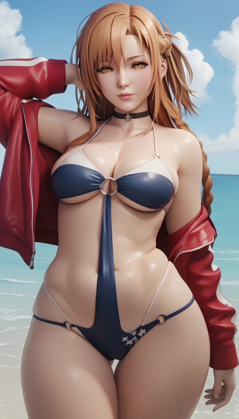 score_9, score_8_up, score_7_up, score_6_up, uncensored, asuna yuuki, orange hair, fold, braid, long hair, orange eyes, 1girl,swimsuit, jacket, red_jacket, breasts, bikini, navel, ass_visible_through_thighs, looking_at_viewer, o-ring, sky, choker, thigh_gap, outdoors, solo, cloud, day, collarbone, multi-strapped_bikini, black_bikini, bare_shoulders, open_jacket, open_clothes, off_shoulder, cowboy_shot, black_choker, blue_sky, ocean, cleavage, skindentation, lips, medium_breasts, water, stomach, beach, track_jacket, steaming face, steaming,