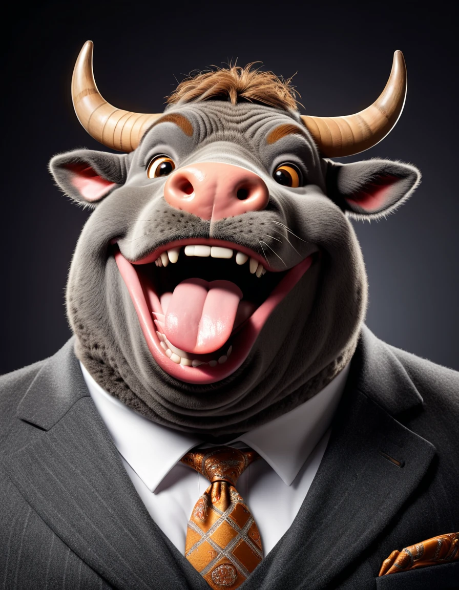 face close up photo of anthropomorphic fat bull,(furry), dressed in a dark gray suit, (sticking out tongue:1.5),(happy smile:1.5),(naughty look), roomlighting, Cinematic, hdr, primitive, Intricate, High quality, smoothing tones, Intricate details, Low contrast,(viewed from side above:2.0), (looking up to the side:2.0), simple background