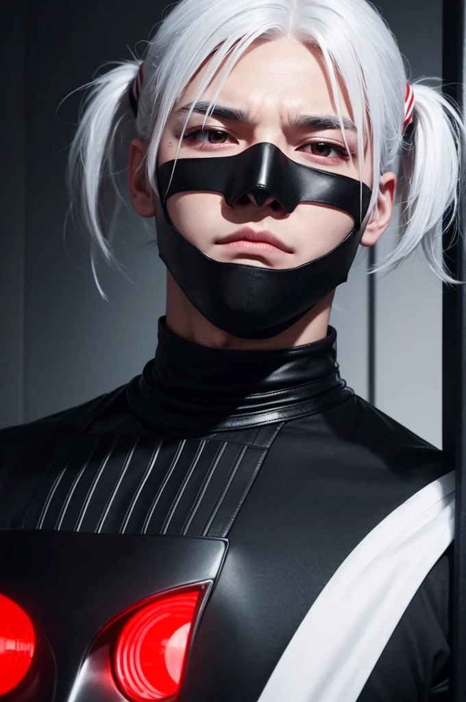 Male character with white hair, ponytails from his eyes, red lights coming out, black mask with red stripes, black turtleneck shirt and the bottom saying cheffinhoofc