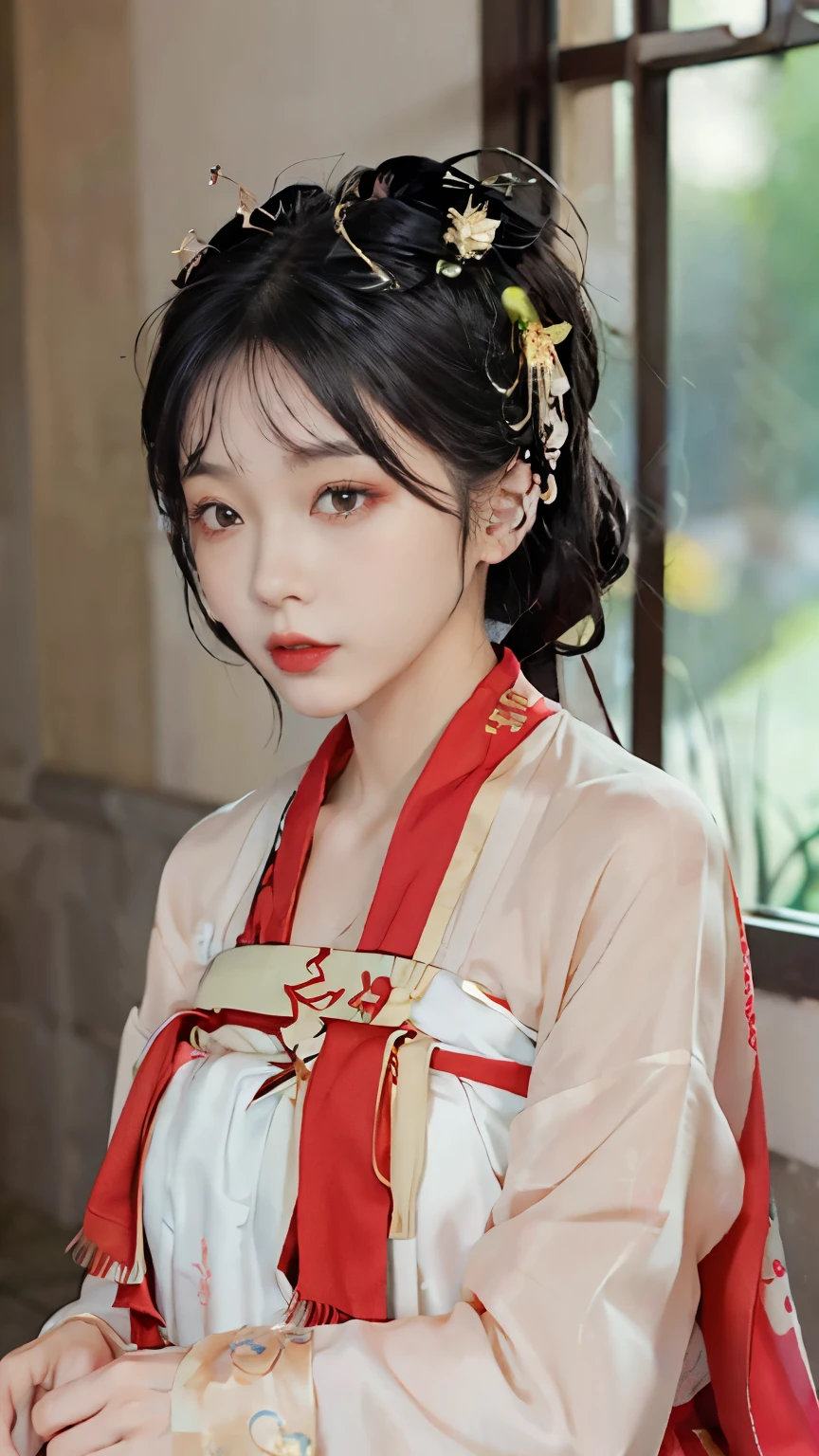 一个穿着红色clothing的女人, Wearing hairpins on head, sit, Large Breasts, Exposed breasts seen from below, Golden crown, girl, Chinese, artist, Black Hair, raindrop, Chinese clothing, clothing, earrings, Hair accessories, (Hanfu :1.4), Internal, Jewelry, Lips, Lipstick, Long sleeve, cosmetic, red clothing, red Lips, Solitary, edge, window, Wisteria, masterpiece, best quality, Official Art, Highly detailed CG Unity 8k wallpaper, (hairpin :1.4), (scarf :1.4).