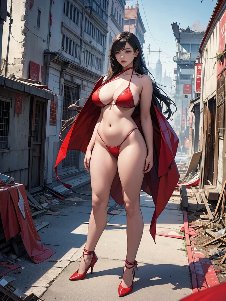 Illustrate The Last Surviving Beautiful Asian Woman, Red Lips, Thick Long Hair In A World Of Ruins, Standing With Crumbling Buildings Behind Her. She Stands Alone On The Roof Of A Decayed Building, Gazing Toward The Distant Horizon. Her Outfit Is Red Micro Bikini, G String Bikini, Big Breast, Curve Hourglass Body, Red High Heels,, And She Holds An Old Map She Found On Her Long Journey In Her Hands. Her Expression Mixes Loneliness With Determination, Embodying The Strength To Survive In A Harsh