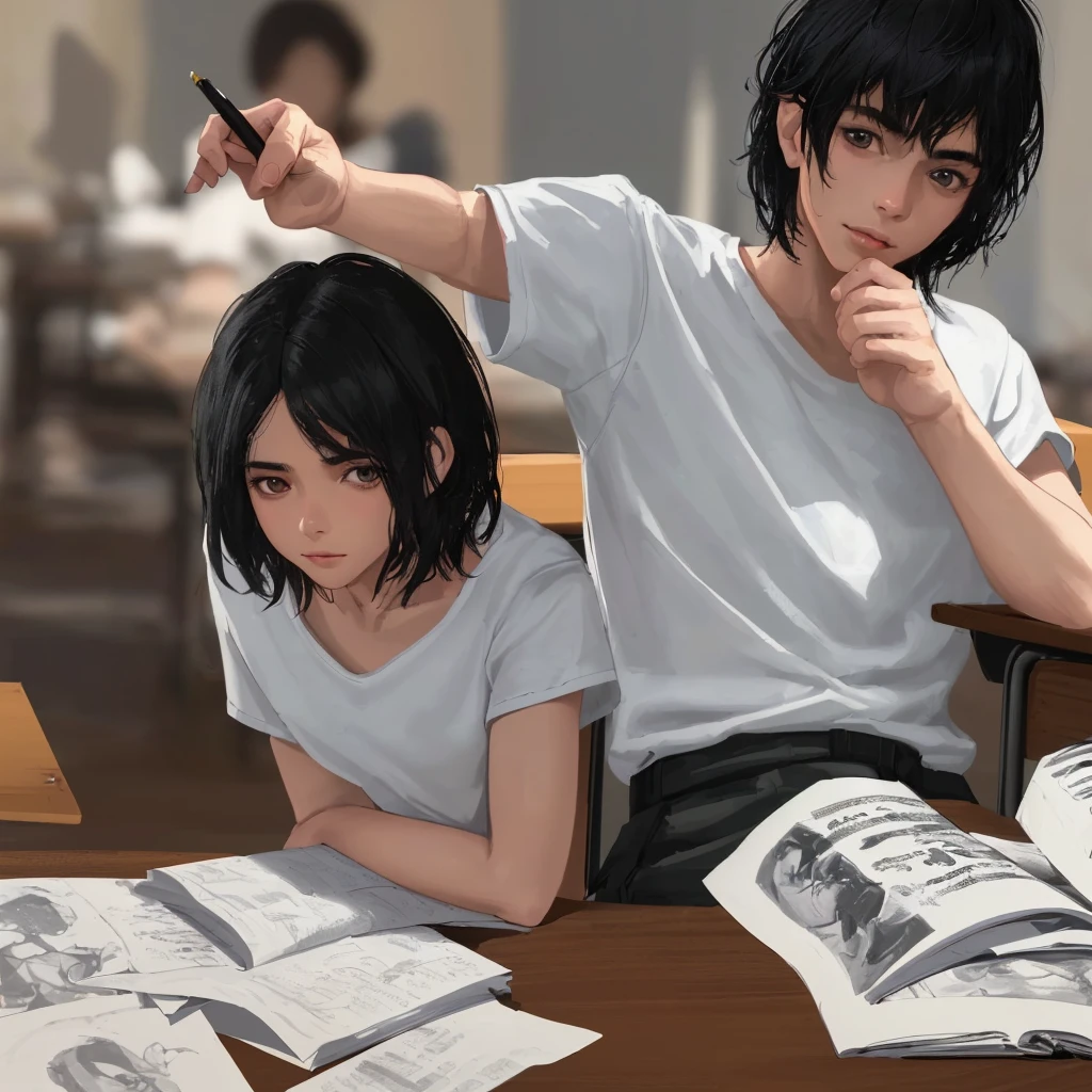 detailed portrait of a young man sitting in a classroom, wearing a white t-shirt and holding a pen, black short hair, exams and books on the desk, upper body focus, Loepfe artistic style, popular on CGStation, Xinhaicheng H 2160, inspired by Bian Shoumin, Xinhaicheng, Planned, guvitz style, best quality, 4k, 8k, highres, masterpiece:1.2, ultra-detailed, realistic, photorealistic, photo-realistic:1.37, HDR, UHD, studio lighting, ultra-fine painting, sharp focus, physically-based rendering, extreme detail description, professional, vivid colors, bokeh