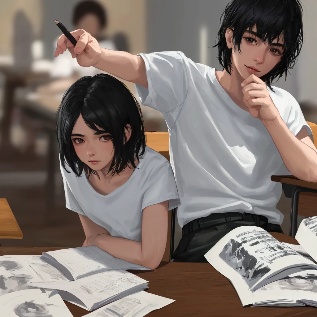detailed portrait of a young man sitting in a classroom, wearing a white t-shirt and holding a pen, black short hair, exams and books on the desk, upper body focus, Loepfe artistic style, popular on CGStation, Xinhaicheng H 2160, inspired by Bian Shoumin, Xinhaicheng, Planned, guvitz style, best quality, 4k, 8k, highres, masterpiece:1.2, ultra-detailed, realistic, photorealistic, photo-realistic:1.37, HDR, UHD, studio lighting, ultra-fine painting, sharp focus, physically-based rendering, extreme detail description, professional, vivid colors, bokeh