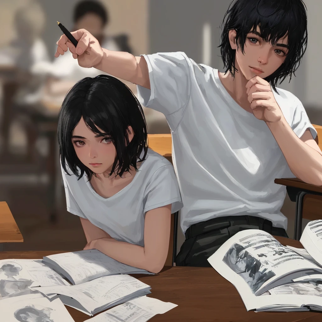 detailed portrait of a young man sitting in a classroom, wearing a white t-shirt and holding a pen, black short hair, exams and books on the desk, upper body focus, Loepfe artistic style, popular on CGStation, Xinhaicheng H 2160, inspired by Bian Shoumin, Xinhaicheng, Planned, guvitz style, best quality, 4k, 8k, highres, masterpiece:1.2, ultra-detailed, realistic, photorealistic, photo-realistic:1.37, HDR, UHD, studio lighting, ultra-fine painting, sharp focus, physically-based rendering, extreme detail description, professional, vivid colors, bokeh