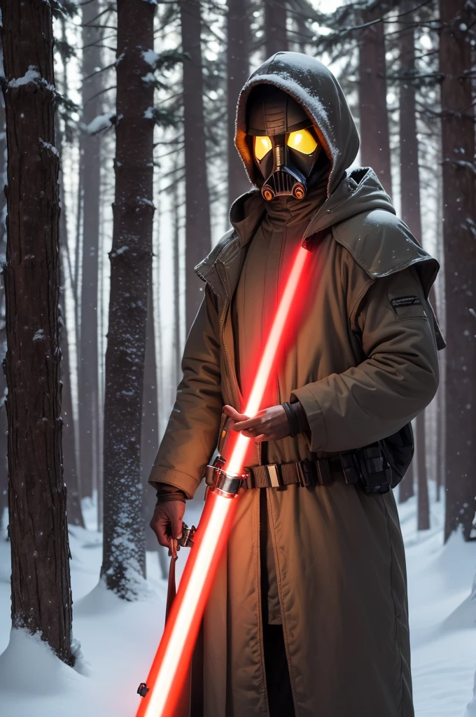 jedi (com roupas jedi, gray brown hair and beard, with yellow lightsaber) fighting a Sith (hooded in black and with an advanced gas mask and red eye visor, with red lightsaber) in a forest full of snow.