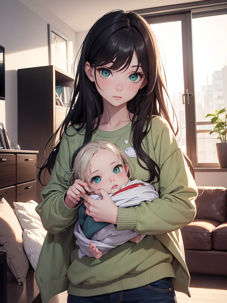 (8K, Best Quality, Masterpiece, Ultra High Resolution) 1 Girl, Woman, Beautiful Eyes, Face Details, Dark Hair, Long Hair, Green Eyes, Pale Skin, Casual Clothing, Holding Baby, Holding , Baby Girl, In Apartment, Living Room, Best Quality, Upper Body, Looking at the Viewer, Facing Viewer, Close Up