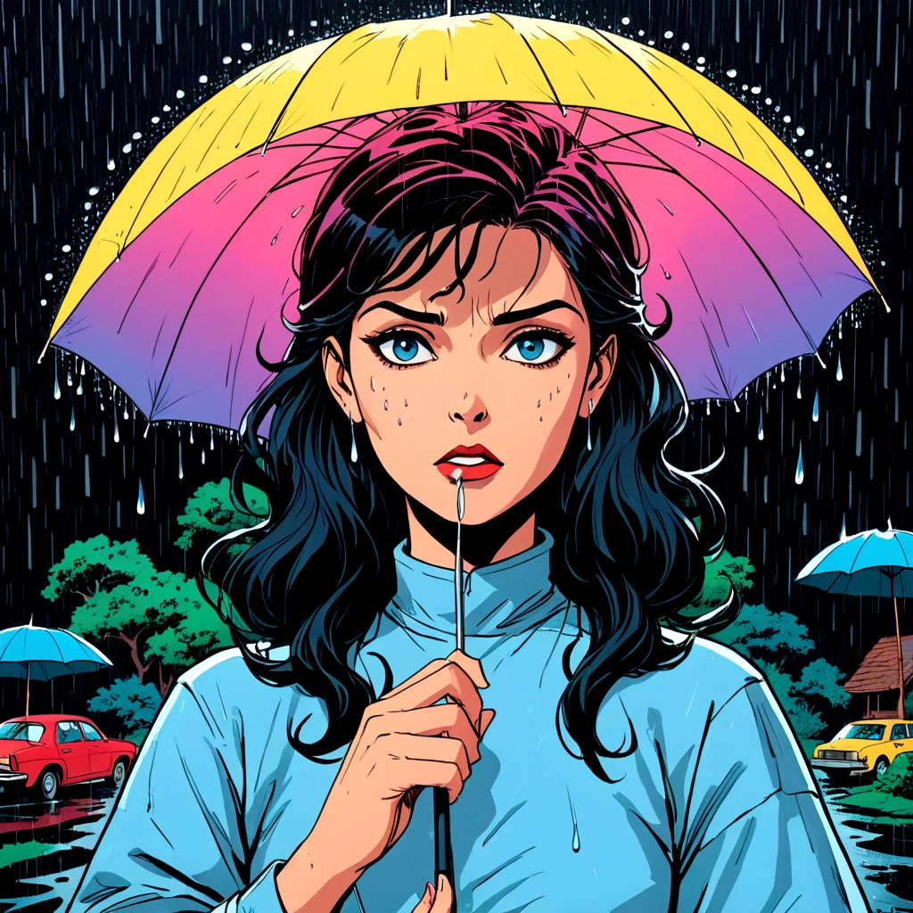 woman holding umbrella, technicolor rain,  uv light face mask, , VHS, glitch, distorted, nostalgia, 90's retro vibes, analog tape, vcr aesthetics, tv, television, 1990's cartoon homage), comic 1990's, animated tv show screengrab, cinematic poster, image within image, multiple exposure, massive scale, rich color grading for shading depth, hand drawn rotoscope cartoon realism, chiaroscuro lighting, mixed media, vintage comic, retro original design, 1990's comic, sense of movement energy, A black and white world, holding umbrella, each drop of rain unleashes a ripple of color, bringing color to this otherwise mundane world, color reverberating out from each raindrop as it makes contact with the ground, subtle coloring to enrich the black and white image, rich color grading, sense of depth, shading and shadows