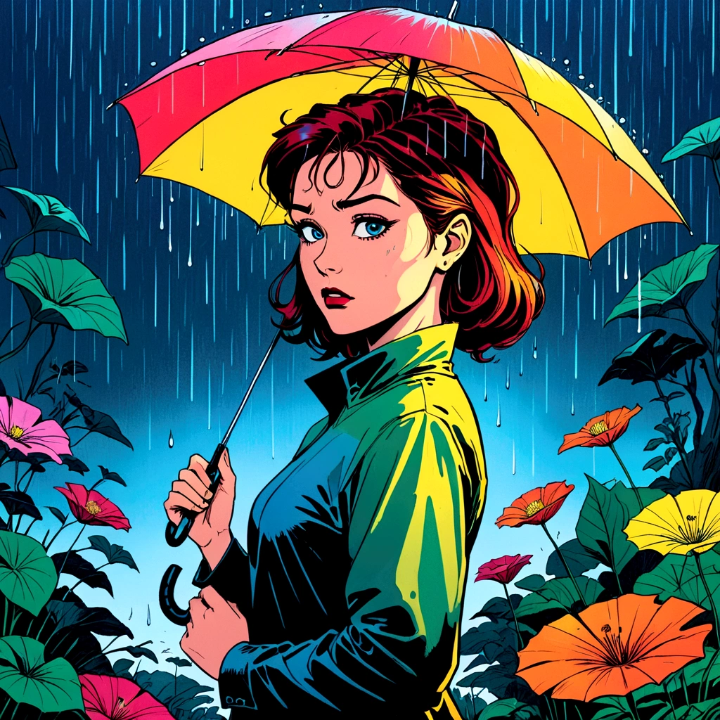 woman holding umbrella, technicolor rain, uv light face mask, , VHS, glitch, distorted, nostalgia, 90's retro vibes, analog tape, vcr aesthetics, tv, television, 1990's cartoon homage), comic 1990's, animated tv show screengrab, cinematic poster, image within image, multiple exposure, massive scale, rich color grading for shading depth, hand drawn rotoscope cartoon realism, chiaroscuro lighting, mixed media, vintage comic, retro original design, 1990's comic, sense of movement energy, A black and white world, holding umbrella, each drop of rain unleashes a ripple of color, bringing color to this otherwise mundane world, color reverberating out from each raindrop as it makes contact with the ground, subtle coloring to enrich the black and white image, rich color grading, sense of depth, shading and shadows