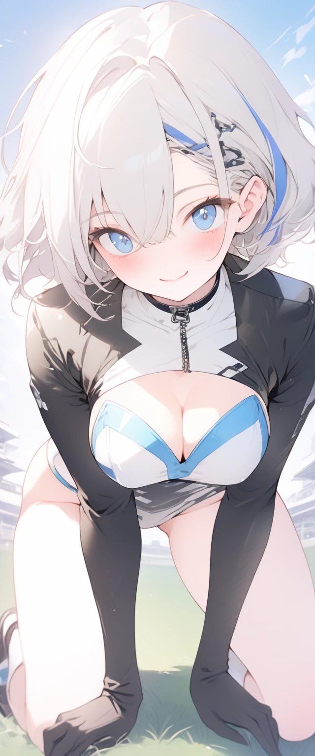 beautiful, masterpiece, Highest quality, anime, One girl, C Cup,Portrait Shot, View your viewers, Covered、Short Hair、nearby、Blue Eyes、art、、White hair,Blue streaked hair、wallpaper、hairpin、Cute smile、Thighs、 blue sky、Leather Race Queen、Leather Gloves、Kneeling、grass
