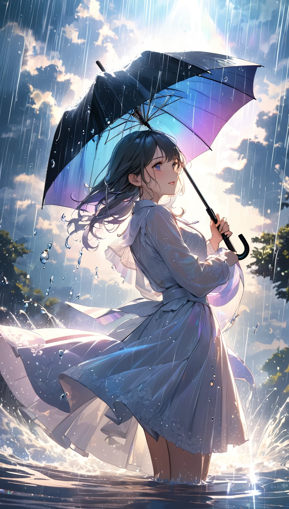 best quality, super fine, 16k, incredibly absurdres, 2.5D, extremely detailed, delicate, flashy and dynamic depiction, beautiful woman holding umbrella and having fun, like a scene from a movie, Iridescent rain pouring down, water splashing, sunlight spilling through the gaps in the clouds, sparkling effects