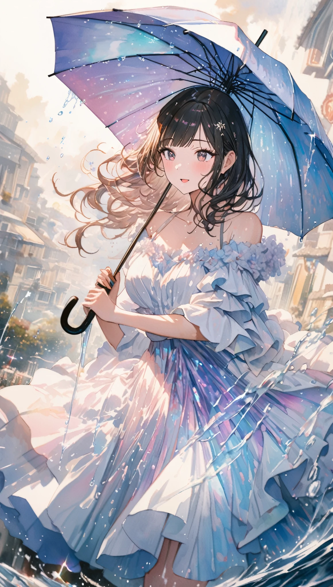 fusion of watercolor and oil painting, best quality, super fine, 16k, incredibly absurdres, 2.5D, extremely detailed, delicate, flashy and dynamic depiction, beautiful woman holding umbrella and having fun, like a scene from a movie, Iridescent rain pouring down, water splashing, sunlight spilling through the gaps in the clouds, sparkling effects