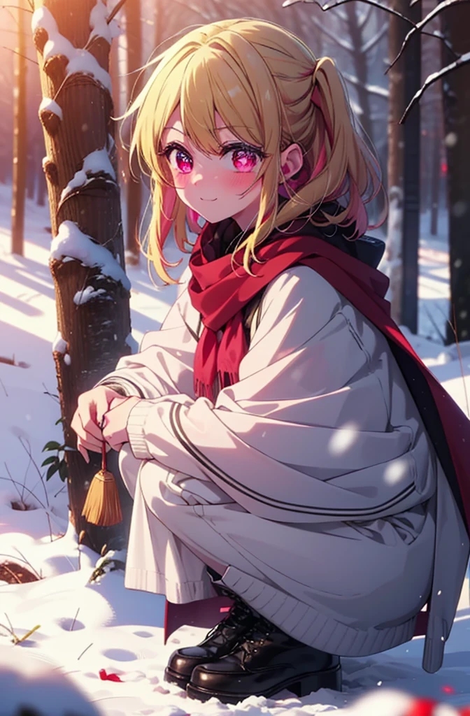 rubyhoshino, Hoshino Ruby, Long Hair, bangs, blonde, (Pink Eyes:1.3), Side Lock, (Symbol-shaped pupil:1.5), Multicolored Hair, Two-tone hair, smile,,smile,blush,White Breath,
Open your mouth,snow,Ground bonfire, Outdoor, boots, snowing, From the side, wood, suitcase, Cape, Blurred, , forest, White handbag, nature,  Squat, Mouth closed, Cape, winter, Written boundary depth, Black shoes, red Cape break looking at viewer, Upper Body, whole body, break Outdoor, forest, nature, break (masterpiece:1.2), Highest quality, High resolution, unity 8k wallpaper, (shape:0.8), (Beautiful and beautiful eyes:1.6), Highly detailed face, Perfect lighting, Extremely detailed CG, (Perfect hands, Perfect Anatomy),