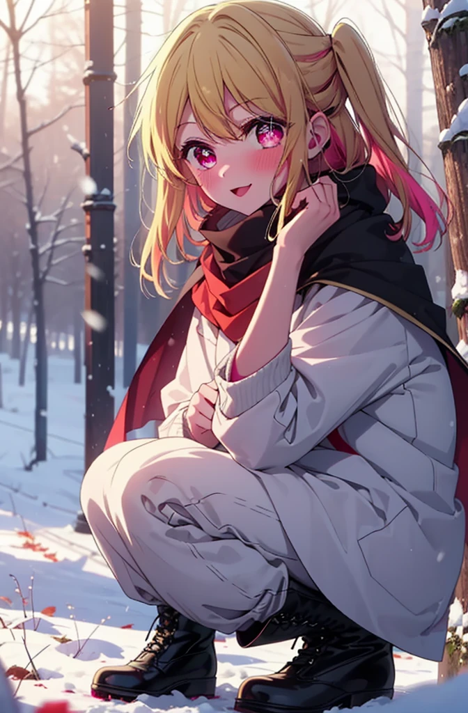 rubyhoshino, Hoshino Ruby, Long Hair, bangs, blonde, (Pink Eyes:1.3), Side Lock, (Symbol-shaped pupil:1.5), Multicolored Hair, Two-tone hair, smile,,smile,blush,White Breath,
Open your mouth,snow,Ground bonfire, Outdoor, boots, snowing, From the side, wood, suitcase, Cape, Blurred, , forest, White handbag, nature, Squat, Mouth closed, Cape, winter, Written boundary depth, Black shoes, red Cape break looking at viewer, Upper Body, whole body, break Outdoor, forest, nature, break (masterpiece:1.2), Highest quality, High resolution, unity 8k wallpaper, (shape:0.8), (Beautiful and beautiful eyes:1.6), Highly detailed face, Perfect lighting, Extremely detailed CG, (Perfect hands, Perfect Anatomy),