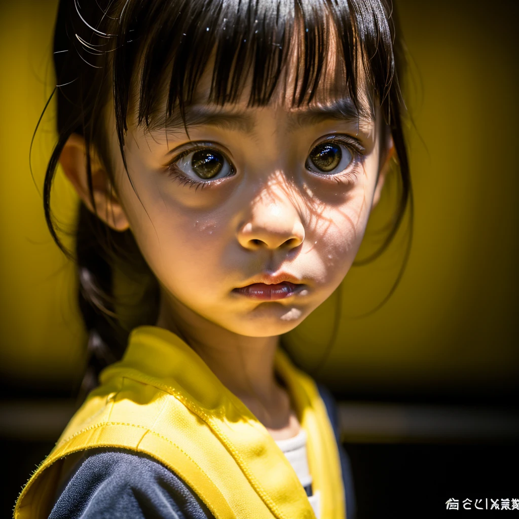 Dark Room, Crying, Crying, Sad face, , Tragic, Ultra HD、8k、Masterpiece、A kindergarten girl、 clavicle, RAW Photo、A girl with big eyes wearing light yellow clothes、Long face, Professional Lighting、Japanese anime style,