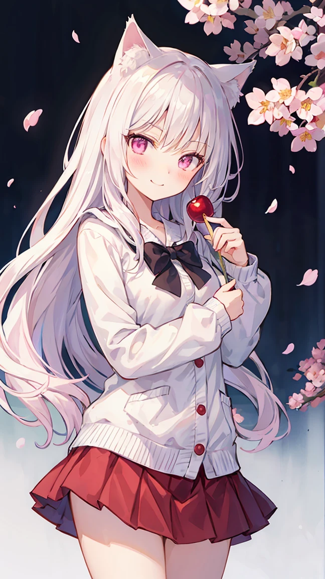 long  white hair、pink eyes、A beautiful cat girl、red blush、a smirk、Cute miniskirt、Cherry blossoms