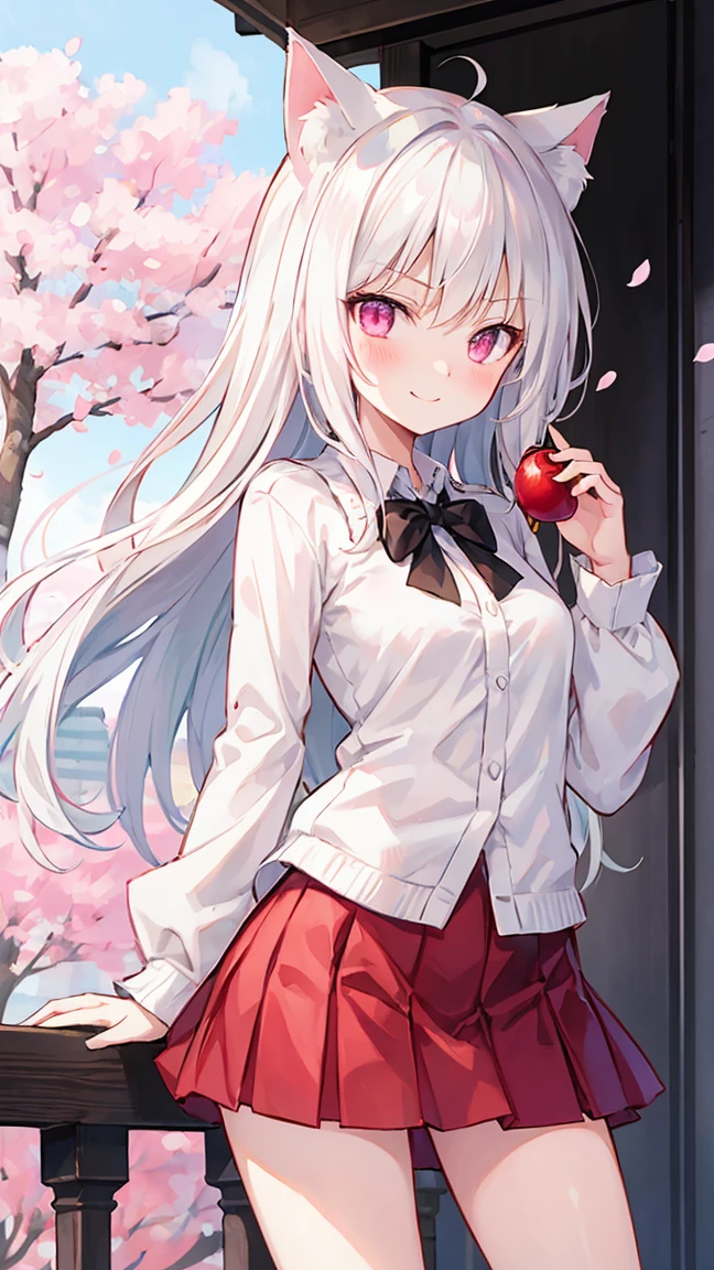 long white hair、pink eyes、A beautiful cat girl、red blush、a smirk、Cute miniskirt、Cherry blossoms