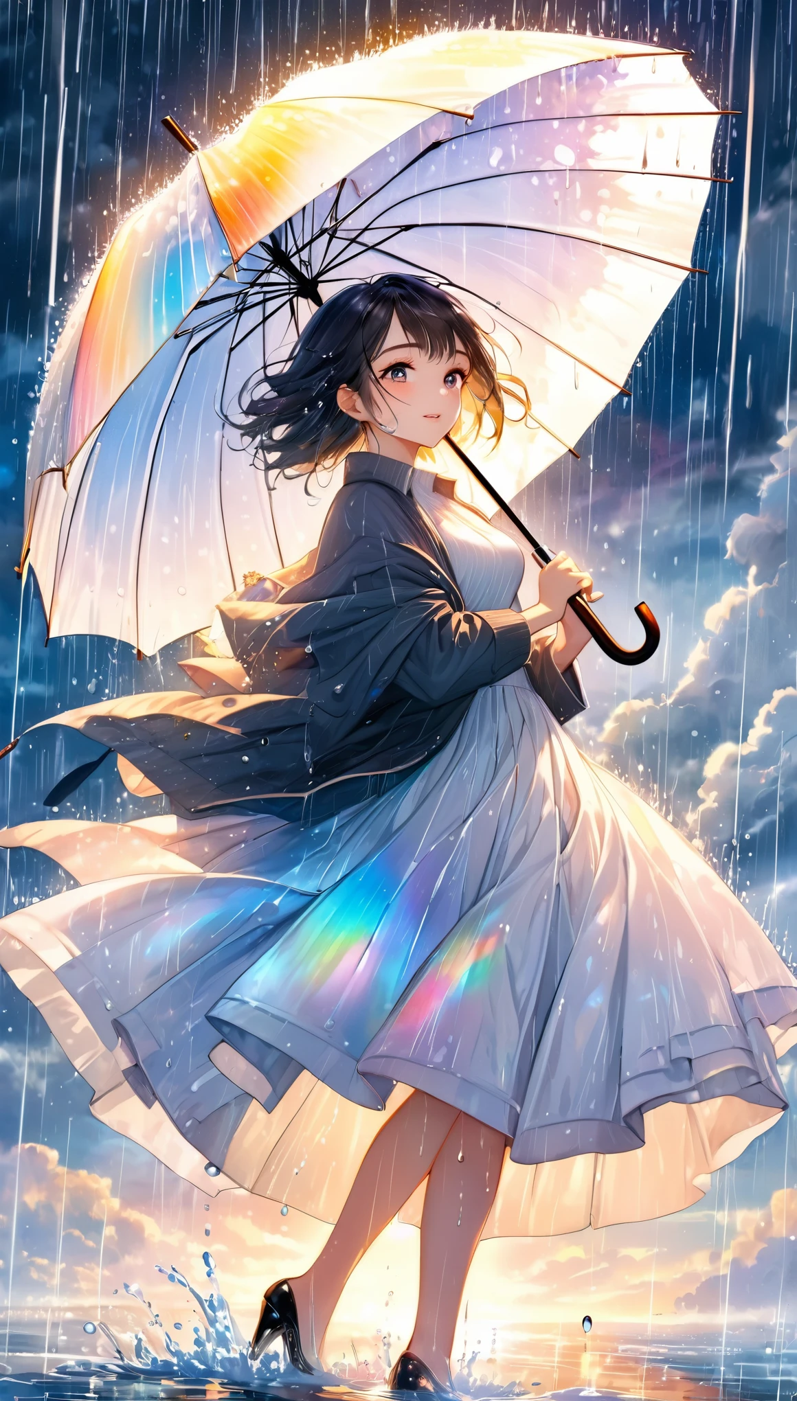 fusion of watercolor and oil painting, best quality, super fine, 16k, incredibly absurdres, 2.5D, extremely detailed, delicate, flashy and dynamic depiction, beautiful woman holding umbrella and having fun, like a scene from a movie, Iridescent rain pouring down, water splashing, sunlight spilling through the gaps in the clouds, sparkling effects