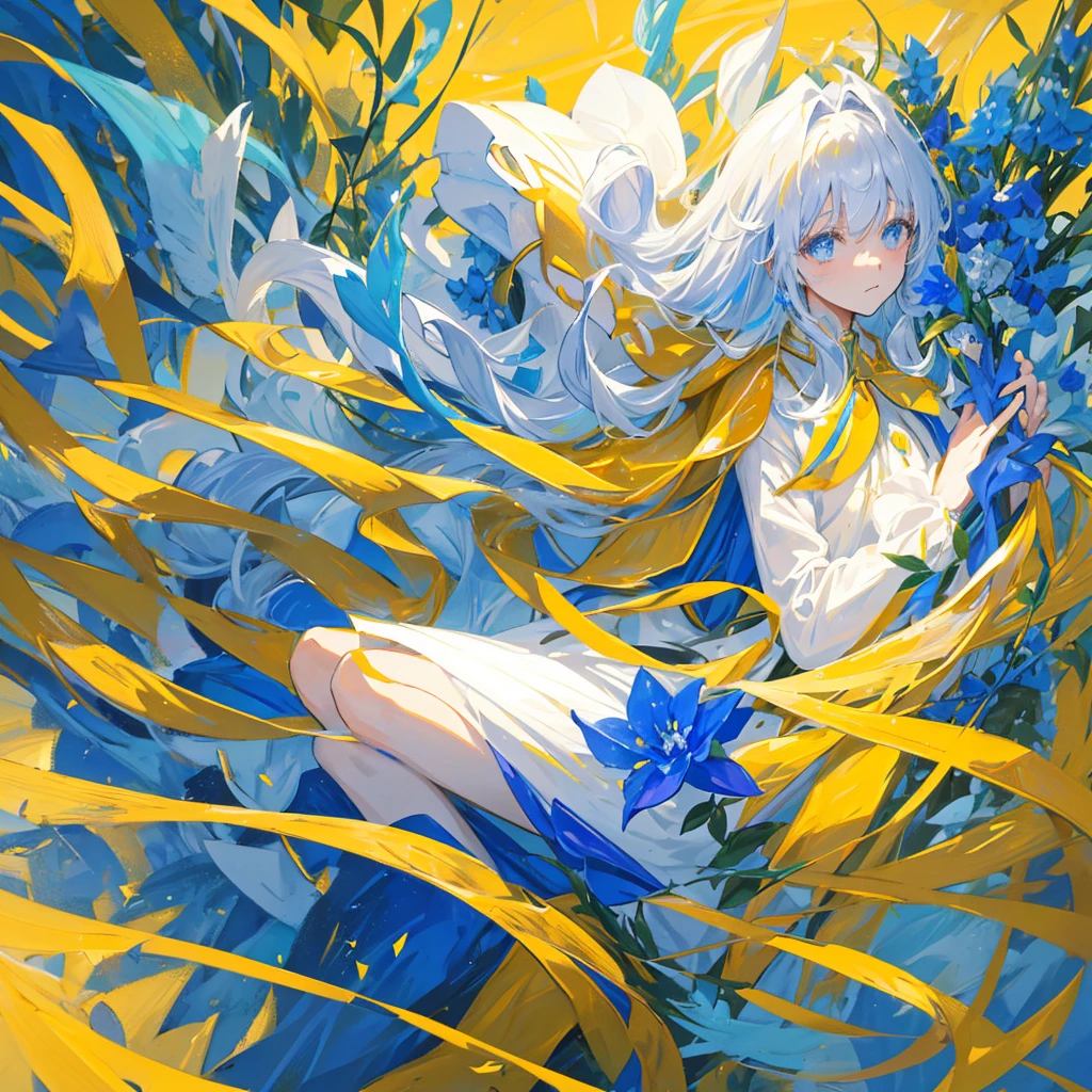 A long hair,Mage,Light yellow long hair,Holding a blooming blue flower,Dressed in gorgeous golden clothes,((Pure yellow background))