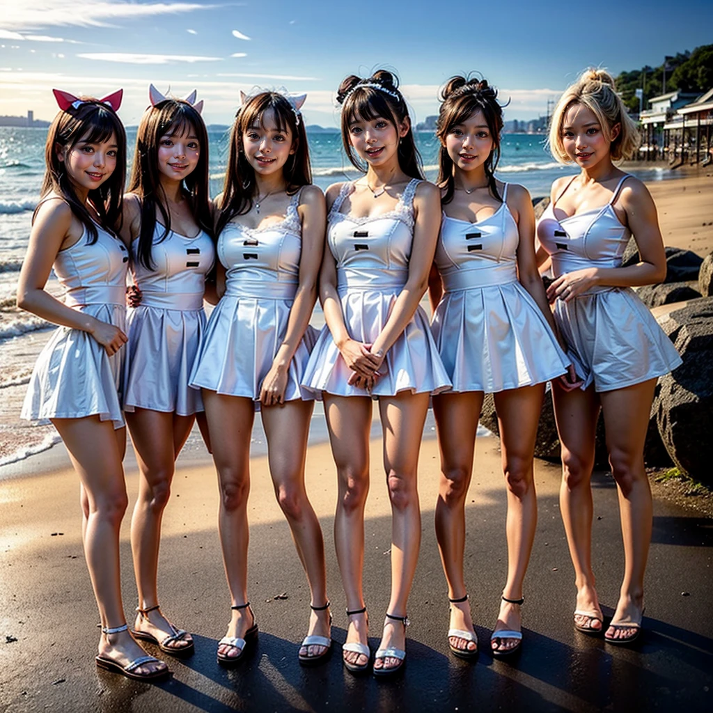 ((ExtremelyDetailed (12 PUNIPUNI KAWAII Girls in a row:1.37) in WHITE at Dusk Enoshima Beach)), (masterpiece 8K TopQuality) (ProfessionalPhoto:1.37), {(Standing Full Body:1.2)|(from below:1.2)}, Different types of hair colors, {school swimwear|School Uniform(Upskirt:0.24)|tutu(Underboob:0.77)}, {Detailed BabyLike hand|Hidden hand}, Joyful Expressions LifeLike Rendering, PerfectLighting, [RainbowColorHorizon]