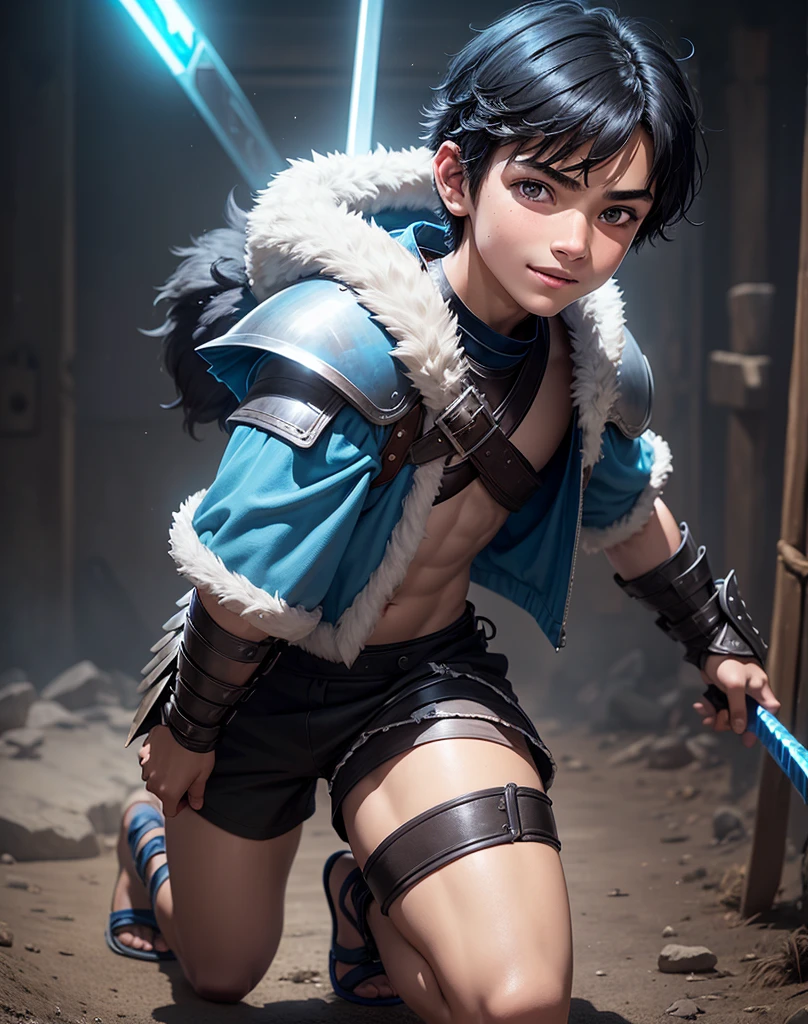 Young 13-year-old boy with black hair and brown eyes, innocent and happy, dressed in short neon-blue medieval barbarian clothes, fur shorts, light-blue battle armor, weilding silver sword and shield, sandals; fullbody; short hair, boyish athletic, sexy,