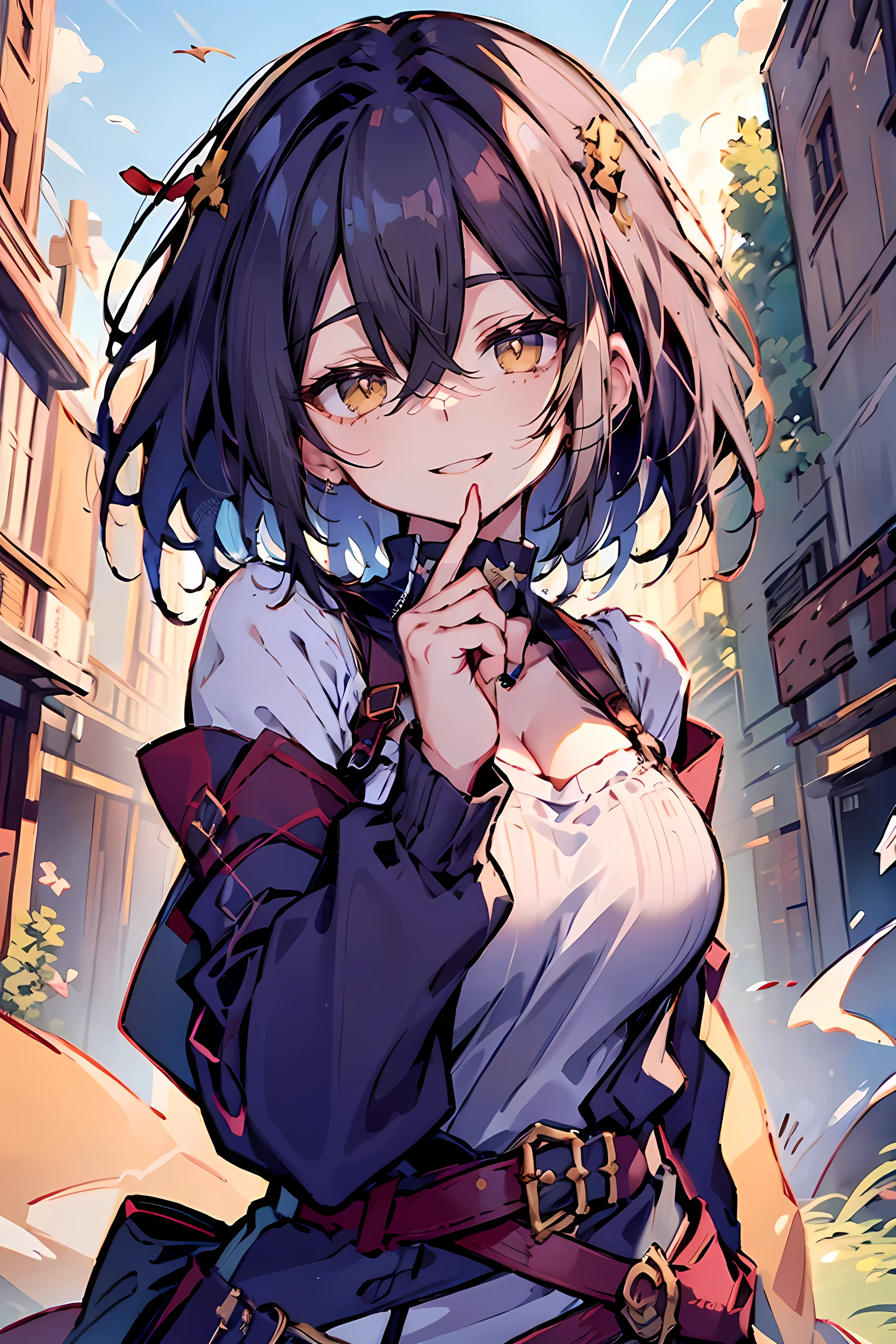 (masterpiece:1.2), (high quality:1.2), Huichai, Rekkyo Sensen, Rekkyou Sensen, girl((Black Hair, Cleavage, wave hands, Chest close-up, suspenders, dress, Blue clothes, belt, Frilled shirt, White knit sweater, camisole, Exposed breasts, strap, ribbon, Upper Body, Long Hair, One side up, Nuns, Long sleeve, Perfect hands, Perfect Fingers)), background((Fantasy World, Ruin, city, Beautiful sky, Bright Sky, sunlight))