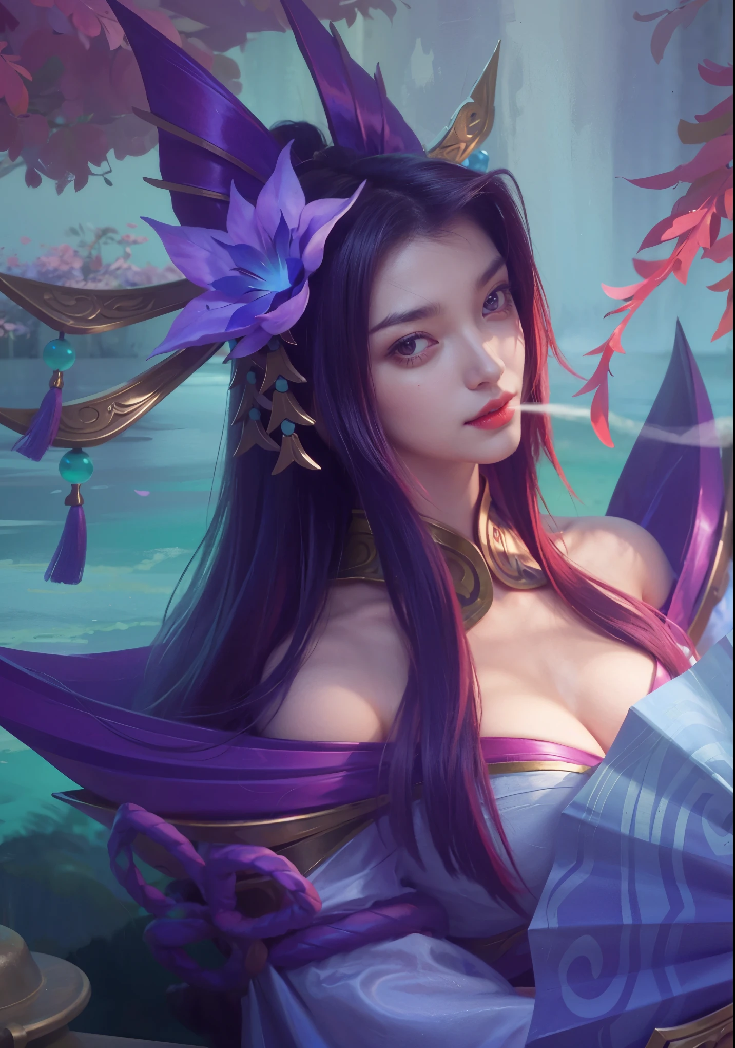 (female:1.2), 8k, ultra hd, ultra detailed texture, hyper realistic, masterpiece, detailed texture, detailed face, detailed skin, detailed lighting, (photorealistic:1.5), best quality, beautiful lighting, cinematic lighting, professional lighting, ultra highres, realistic, detailed hair, real hair, high quality, (realskin:1.5), extremely detailed, finely detail, ultra-detailed, 1girl, solo, elf, pointy ears, standing, demon horns, forehead protector, (red eyes:1.5), v-shapped eyebrow, lips, red lips, evil smile, nose, make up, pretty, beautiful, cute face, long hair, blue hair, high ponytail, large breasts, cleavage, armpit, navel, stomach, black armor, pauldrons, bare shoulders, shoulder armor, thigh high, sleevless, detached sleeves, breastplate, gauntlets, karina \(mobile legends\), depth of field, looking aways, white skin, skin tight, amazing pose, outdoors, glowing, dark view, blurry background