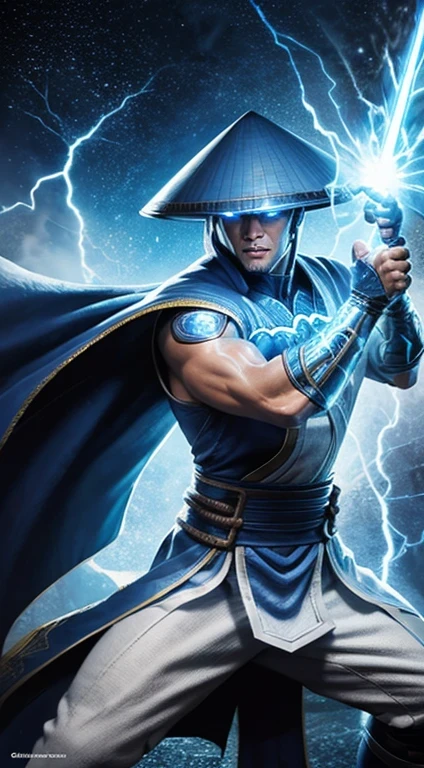 Raiden, Mortal Combat, wears white cloak, A Vietnamese hat, shining blue eyes, wields baton, God of thunder, protector of the Earth Plane, intricate, high détail, sharp focus, dramatic, photorealistic paint art by greg rutkowski