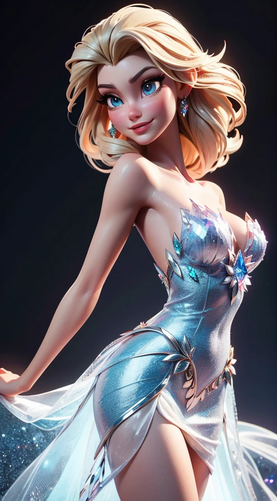 Envision Elsa in a graceful pose, crystal chest chest Elsa, cute smile, serious and cute smile, beautiful elsa, , her back partially arched, showcasing the elegance of her Blue Diamond (Crystal) Dress from Frozen. This scene is inspired by the LORA Model Elsa, capturing the beauty of a realistic animated 3D representation. The image is a partial back arch, chest up, highlighting the intricate details of Elsa's dress and the regal posture of the Frozen queen. With lifelike realism, Elsa's expression and pose convey a sense of enchantment and grace,
