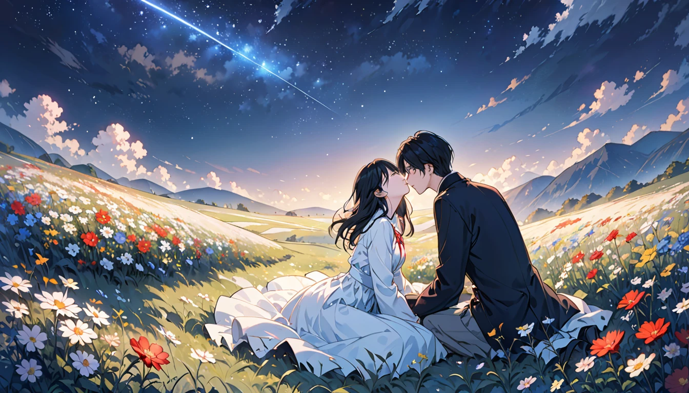 She and he lay face down in a field full of highland flowers,、Looking up at the night sky.、Maybe it's because it's cold., Their breath looks pale white.、The light source is a star in the night sky々Light only、She suddenly turns to him and blushes、A shooting star visible from the position of the head flowed into the night sky.、The area is pitch dark、In the darknesasutepiece、realisitic