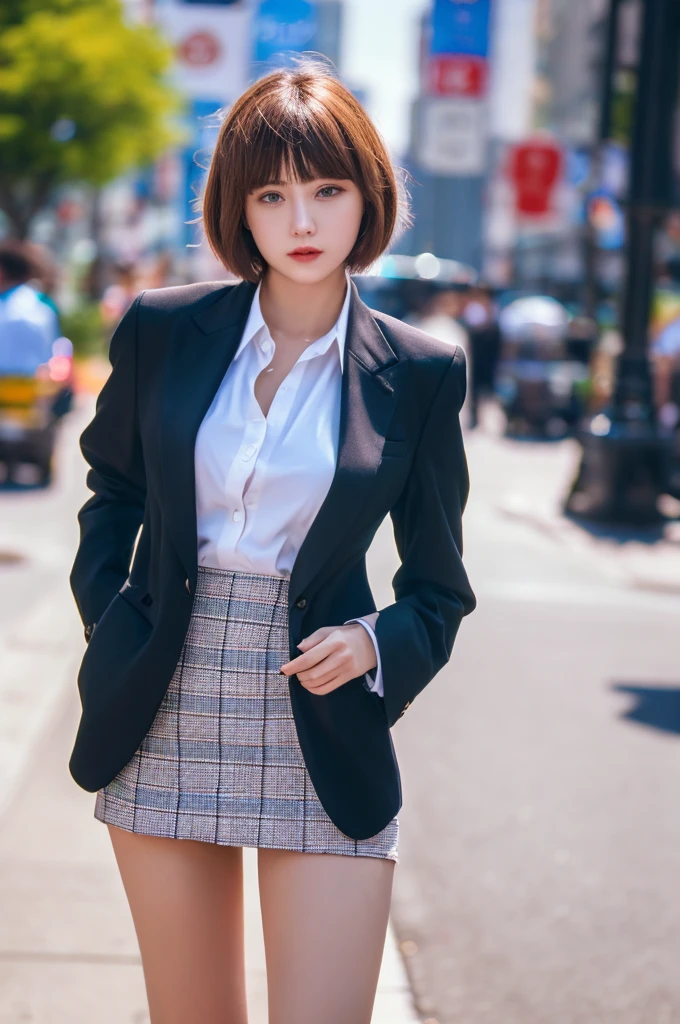 a 18 year old face of the most beautiful actress in the world, the perfect body proportions of a female, tight blazer is worn on formal shirt, the perfect shape of female upper body, shirt skirt is worn with panties on female lower body, panties between bare legs under short skirt are seen just a little, sexy crotch of a female, the short hair cut of a female is just like male one, standing, at the city street, nsfw, best quality, highly detailed, masterpiece, ultra high res, photo realistic, 8k