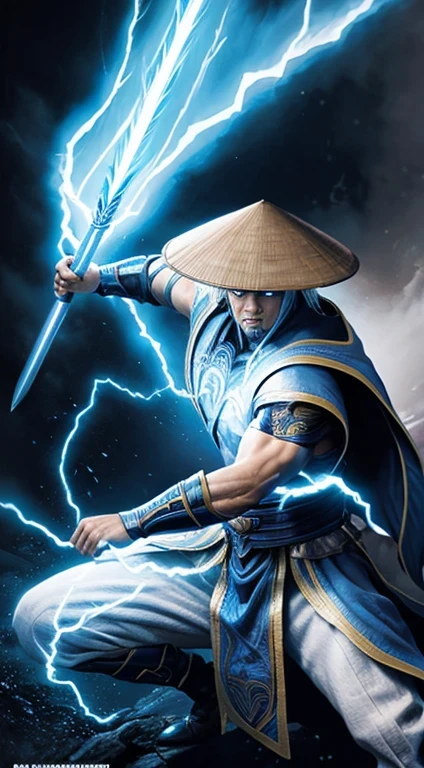 Raiden, Mortal Combat, wears white cloak, A Vietnamese hat, shining blue eyes, wields baton, God of thunder, protector of the Earth Plane, intricate, high détail, sharp focus, dramatic, photorealistic paint art by greg rutkowski