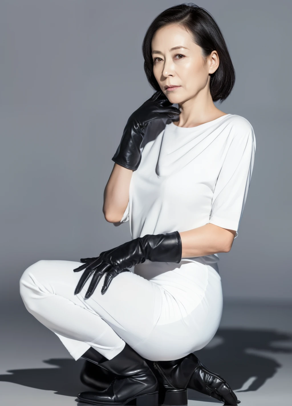 masterpiece,Highest quality,taller than,  (mature_woman_Lady:1), beautiful face, face_concentrated, (Simple Background:1.2),, feet_concentrated,SFW　38 years old、Wearing black leather gloves。