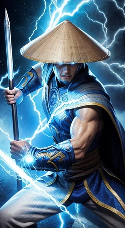 Raiden, Mortal Combat, wears white cloak, A Vietnamese hat, shining blue eyes, wields baton, God of thunder, protector of the Earth Plane, intricate, high détail, sharp focus, dramatic, photorealistic paint art by greg rutkowski